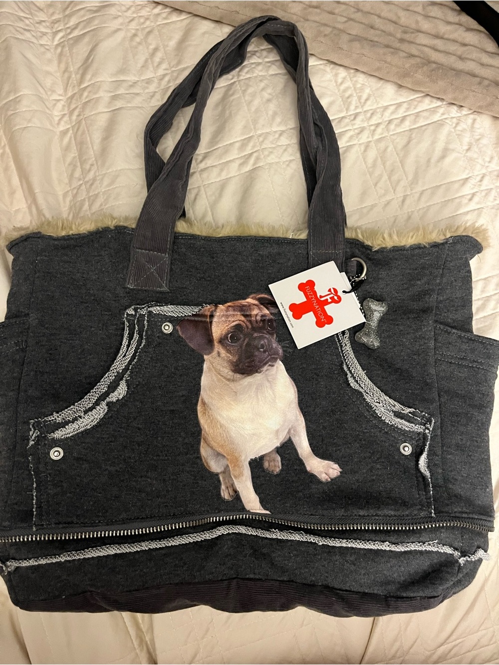 NWT FuzzyNation Pug Hoodie Tote Bag Macy’s
